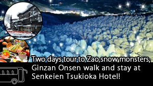 Two days tour to Zao snow monsters, Ginzan Onsen walk and stay at Senkeien Tsukioka Hotel!